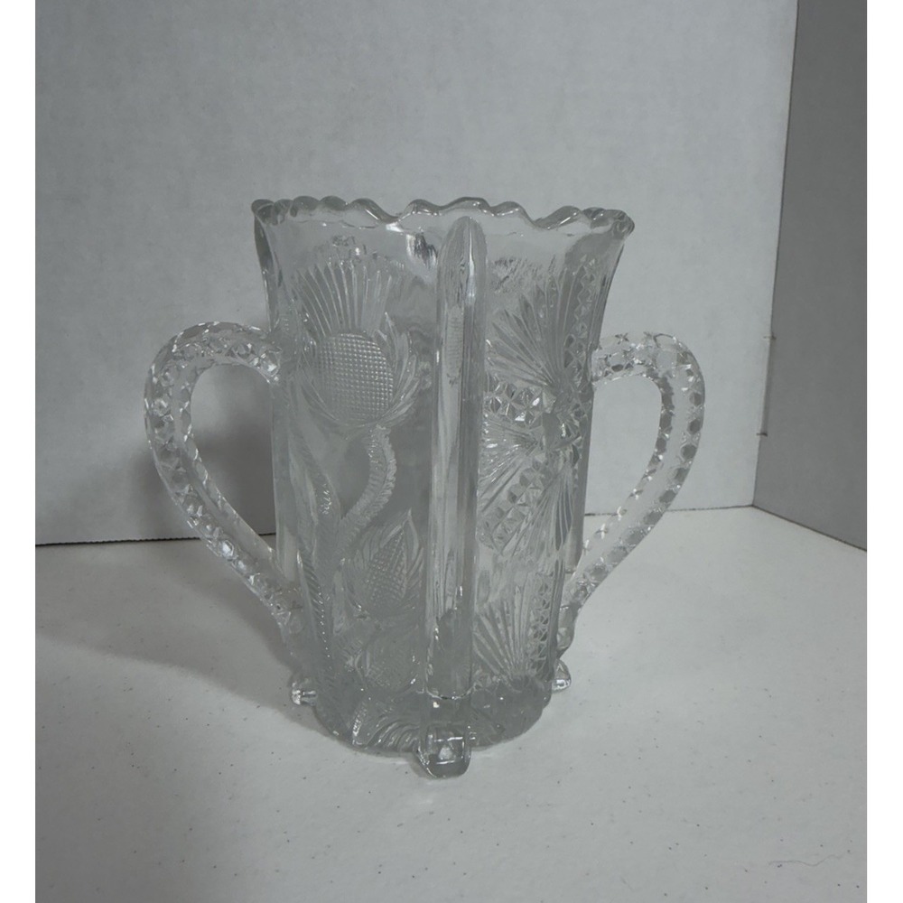 Antique Higbee Double Handle Vase Thistle Spooner Pressed Glass 5.5"